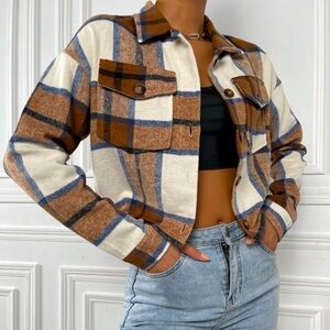 SHEIN medium navy and Brown Plaid cropped Jacket-buttoned shirt